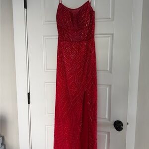 Jovani Red Beaded Spaghetti Strap Prom Gown